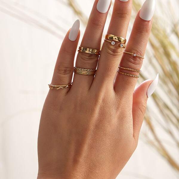 

14pcs Rhinestone Decor Geometric Ring, White