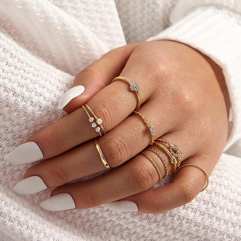 

8pcs Rhinestone & Hexagon Decor Ring, Gold