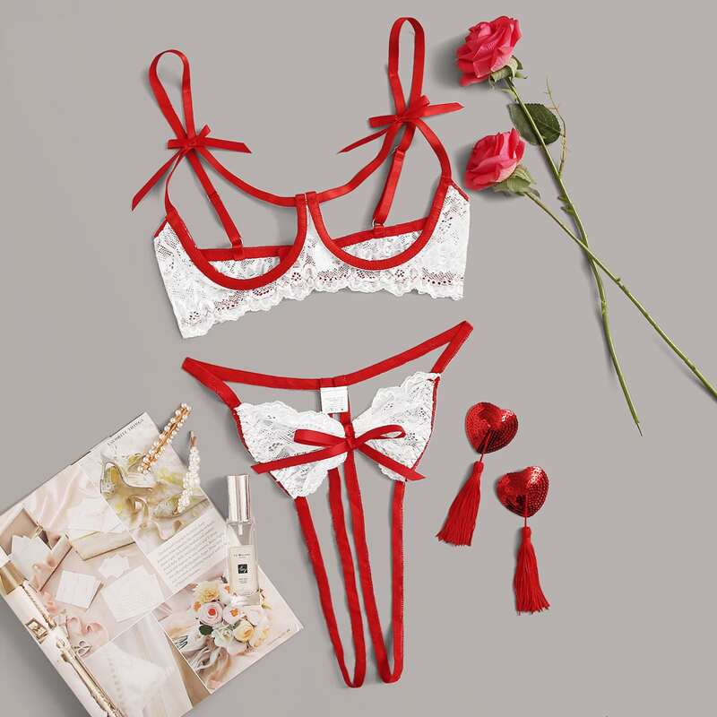 

Floral Lace Underwire Lingerie Set & 1pair Sequin Nipple Cover, Multicolor