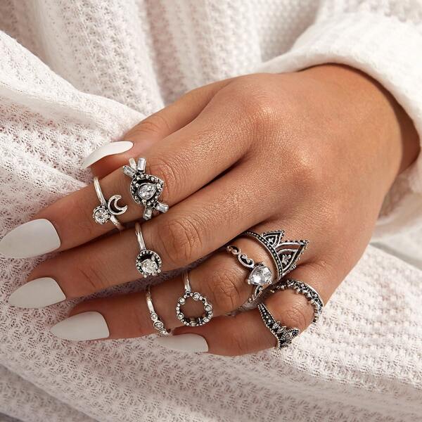 

9pcs Rhinestone & Crown Decor Ring, Silver