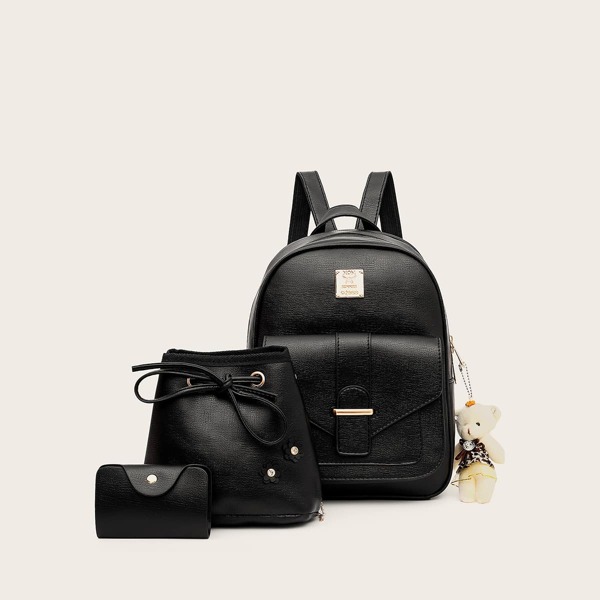 

3pcs Pocket Front Backpack With Purse, Black