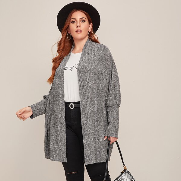 

Plus Space Dye Ribbed Knit Longline Cardigan, Grey