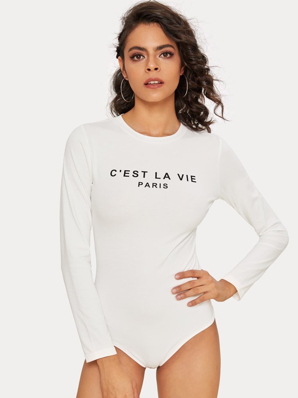 

Crew Neck Letter Graphic Tee Bodysuit, White, Camila
