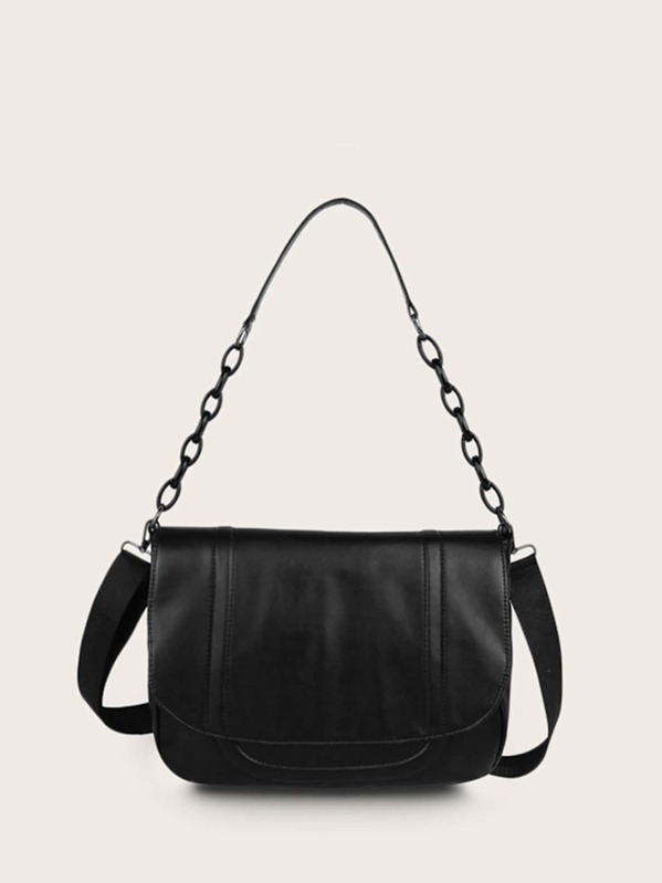 

Stitch Trim Flap Chain Tote Bag, Black