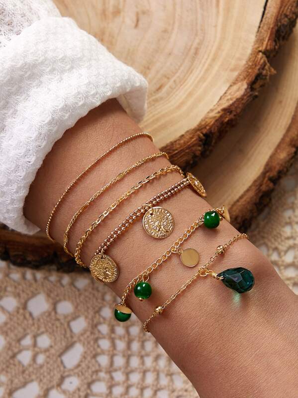 

6pcs Round Disc Dangle Chain Bracelet Set, Multicolor