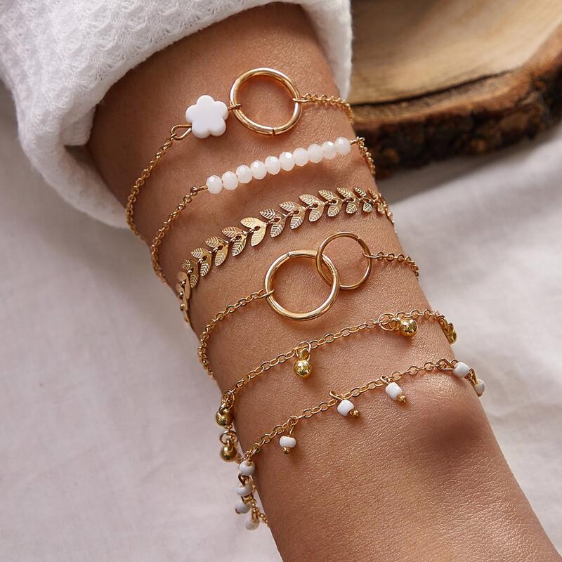 

6pcs Circle Charm Chain Bracelet Set, Gold