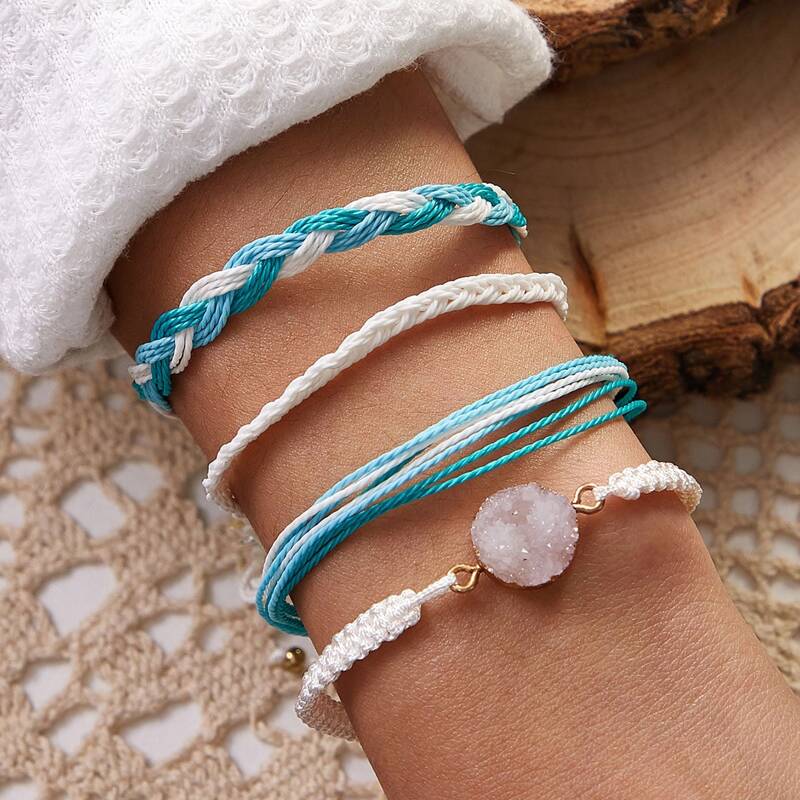 

4pcs Stone Decor Braided String Bracelet, Multicolor