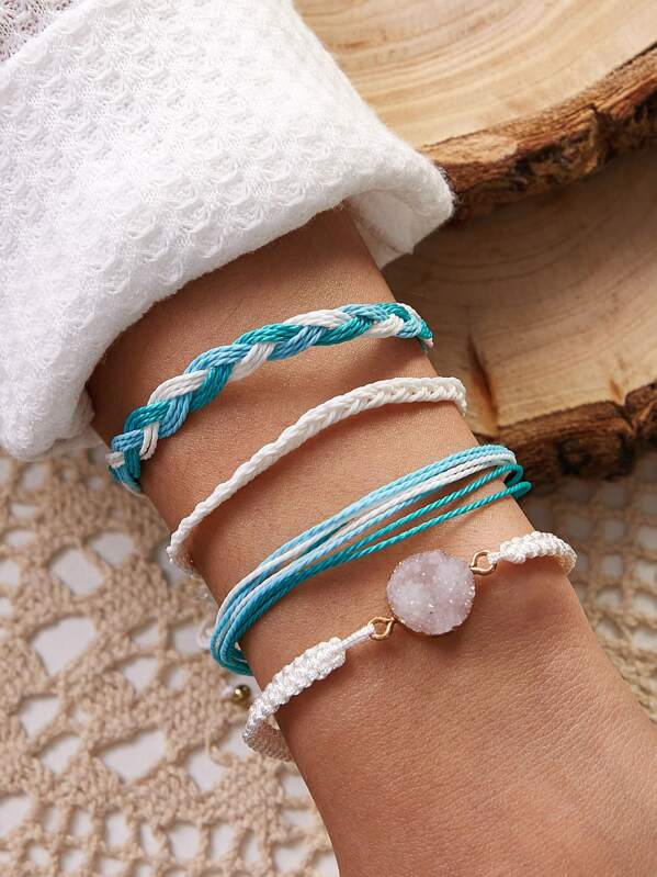 

4pcs Stone Decor Braided String Bracelet, Multicolor