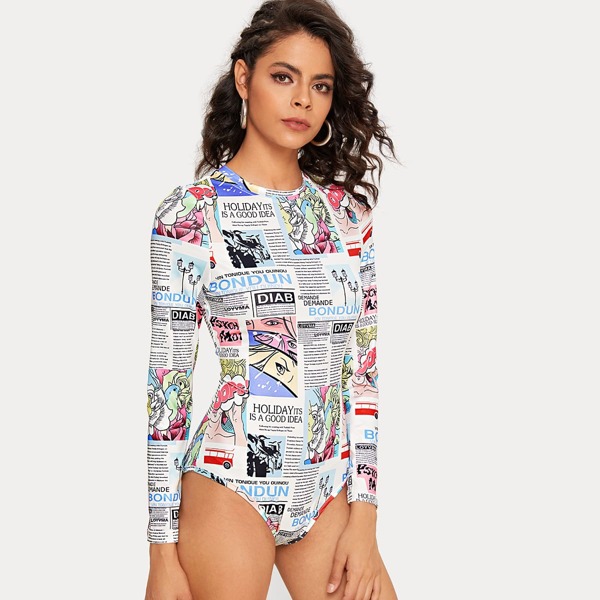 

Crew Neck Newspaper Print Bodysuit, Multicolor