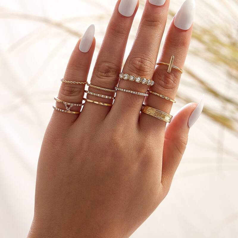 

8pcs Rhinestone & Bar Decor Ring, Gold