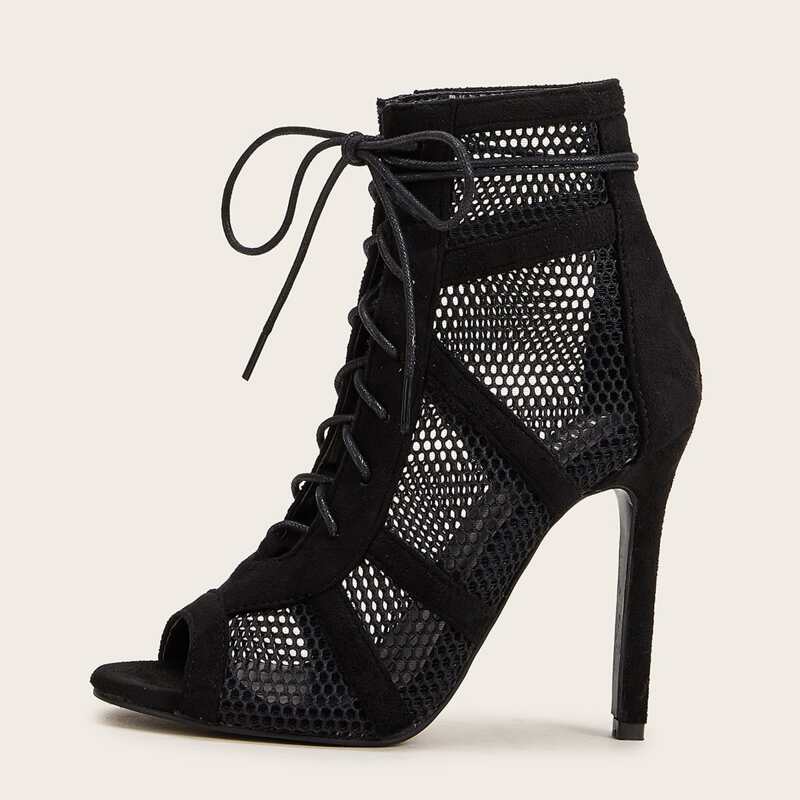 

Peep Toe Lace-up Front Mesh Stiletto Heeled Boots, Black