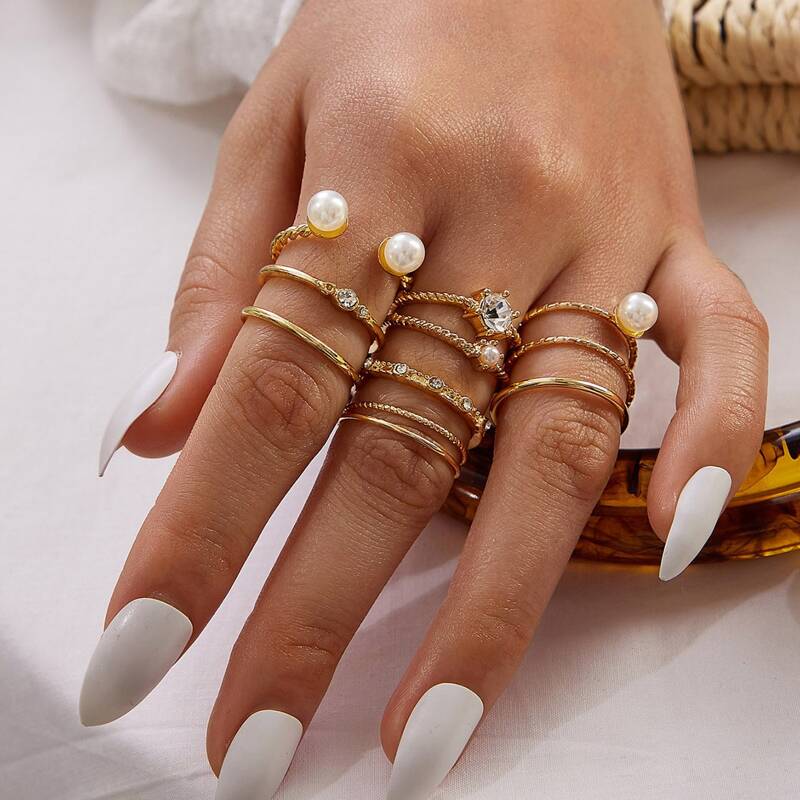 

8pcs Rhinestone & Faux Pearl & Decor Ring, Multicolor