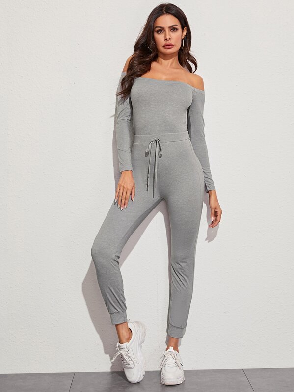 

Knot Elastic Waist Bardot Jumpsuit, Grey, Andy