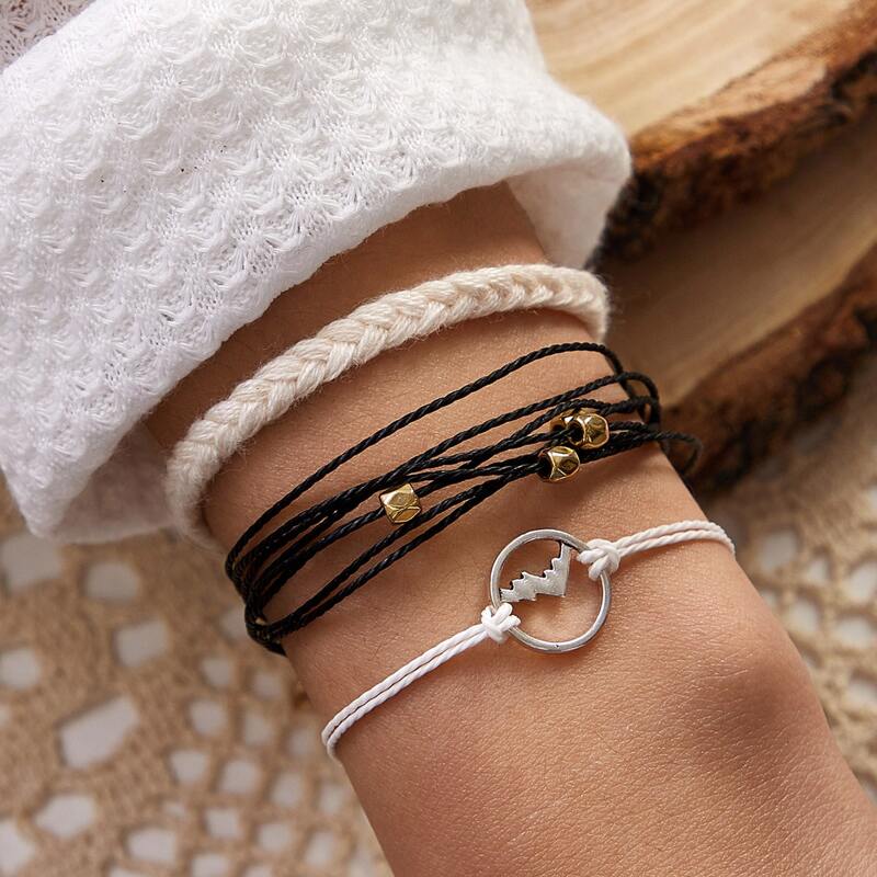 

3pcs Metal Decor Braided Bracelet, Black and white