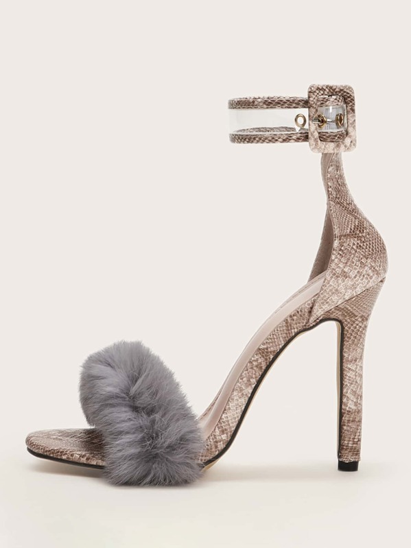 

Faux Fur Decor Buckle Strap Stiletto Heels, Multicolor