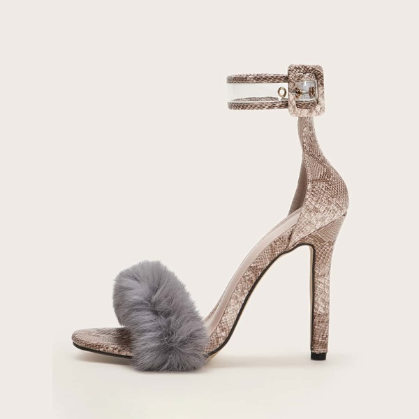 

Faux Fur Decor Buckle Strap Stiletto Heels, Multicolor