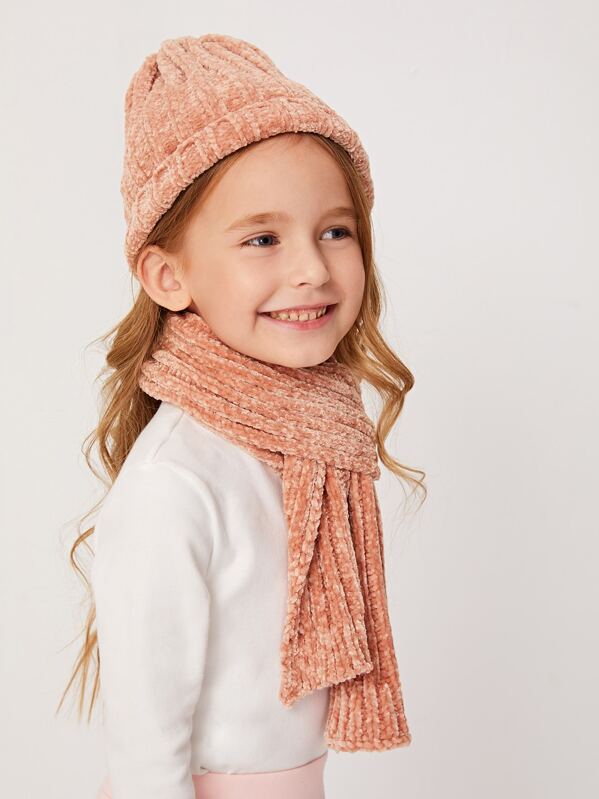 2pcs Girls Beanie & Ring Scarf, Pink