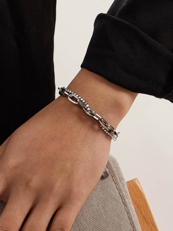 

1pc Rhinestone Engraved Chain Bracelet, Silver