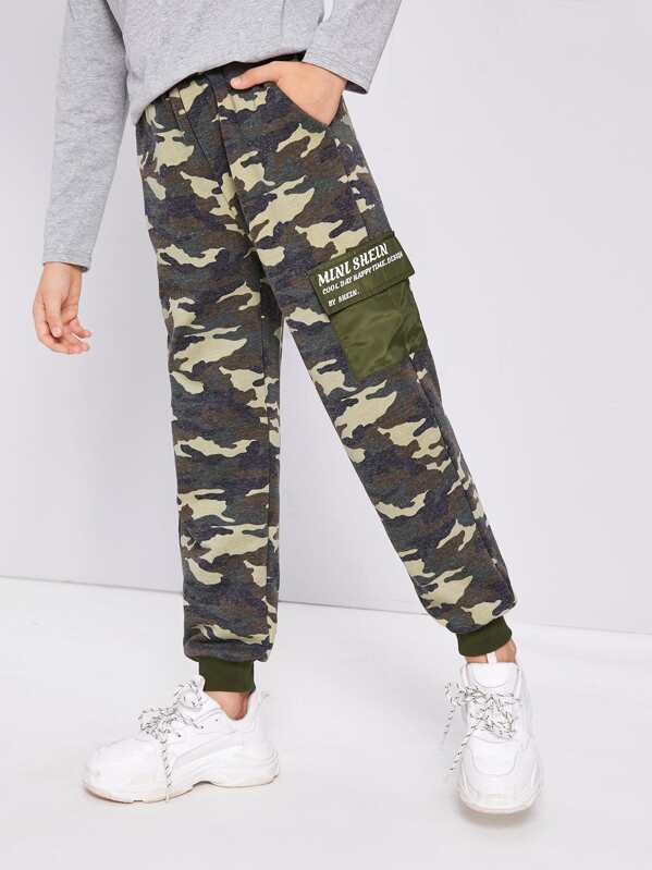 

Boys Slogan Flap Pocket Patched Camo Sweatpants, Multicolor, Bogdan