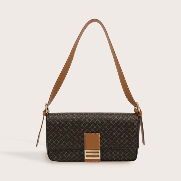 

Metal Detail Plaid Pattern Tote Bag, Brown