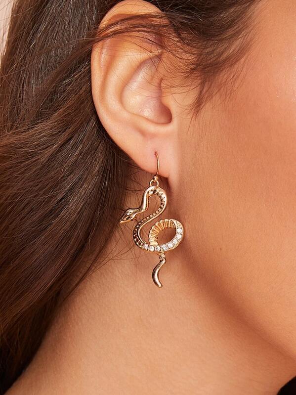 

1pair Rhinestone Detail Snake Dangle Earrings, Gold