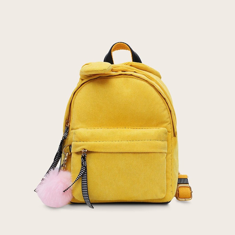 

Pom Pom Decor Pocket Front Backpack, Yellow bright