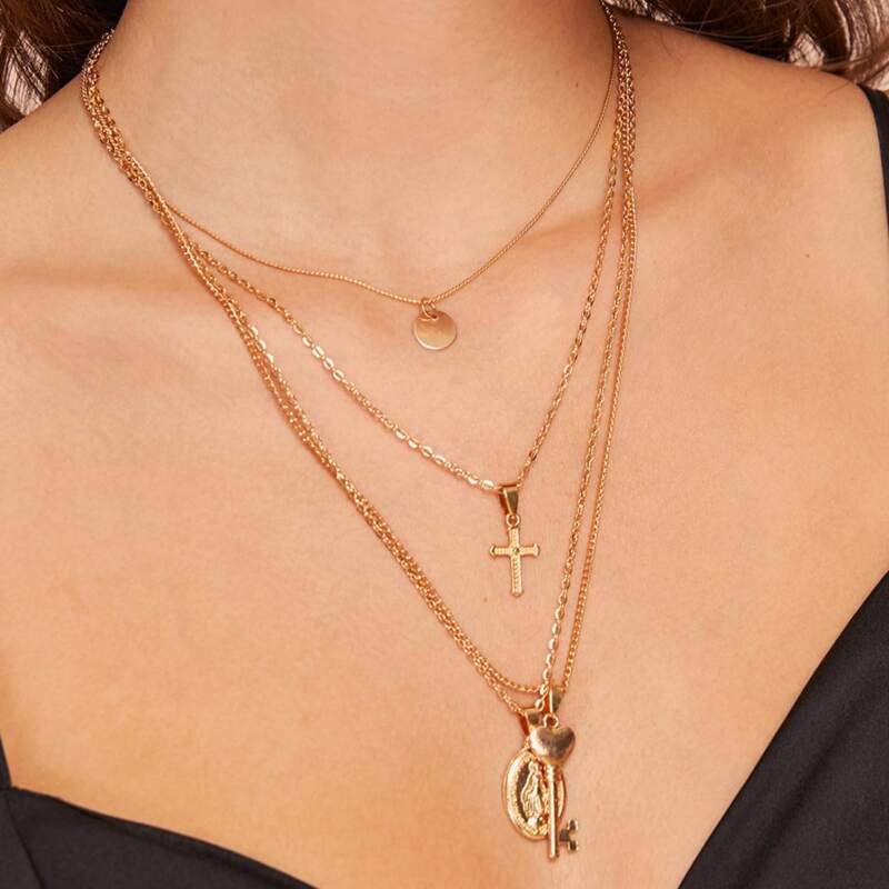 

Coin & Cross Charm Layered Necklace 1pc, Gold