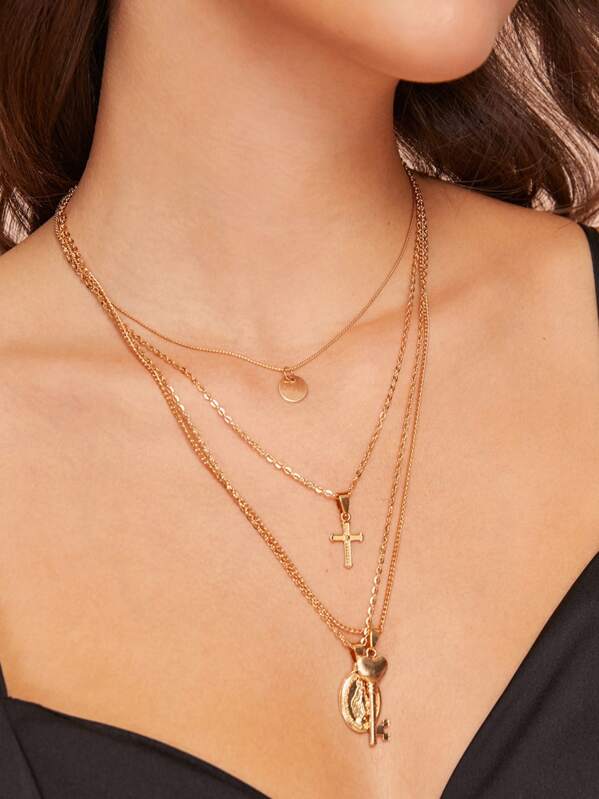 

Coin & Cross Charm Layered Necklace 1pc, Gold
