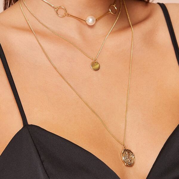 

Coin & Faux Pearl Layered Necklace 1pc, Gold