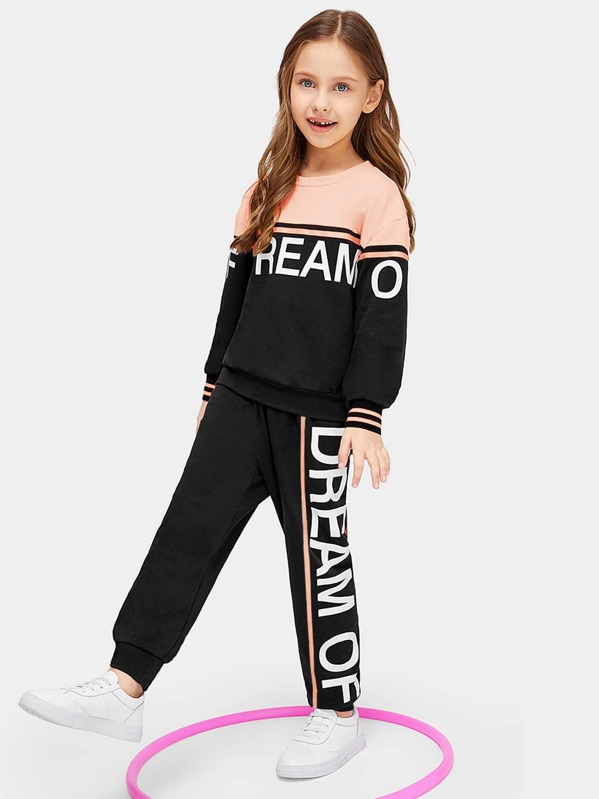 

Girls Letter Graphic Two Tone Pullover and Sweatpants Set, Black, Anna C
