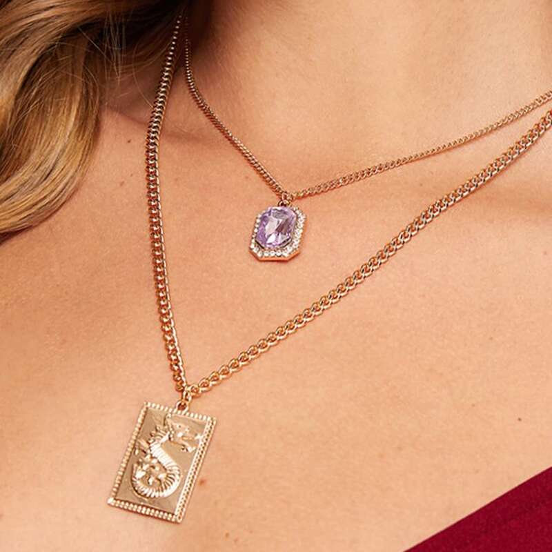 

1pc Dragon & Gemstone Charm Layered Necklace, Gold