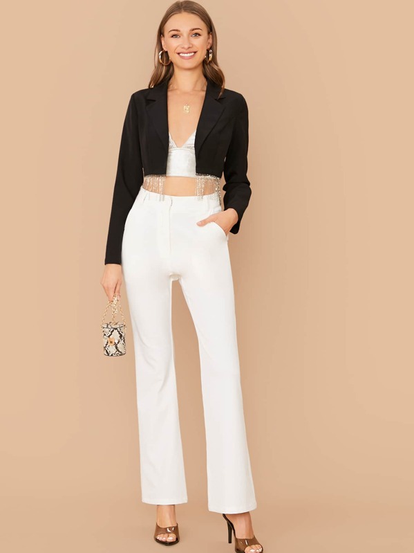 Notched Collar Beaded Fringe Hem Blazer, Black, MONIKA PARTYKAA