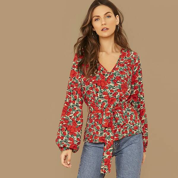 

Bishop Sleeve Floral Print Belted Top, Multicolor
