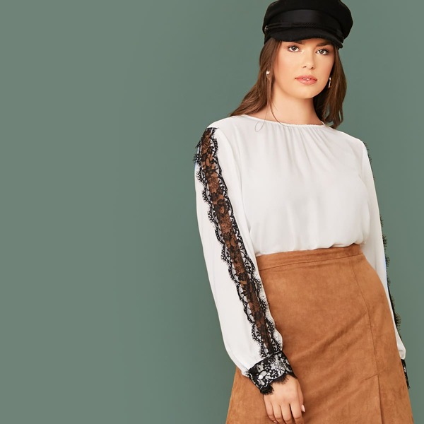 

Plus Contrast Lace Side Blouse, White