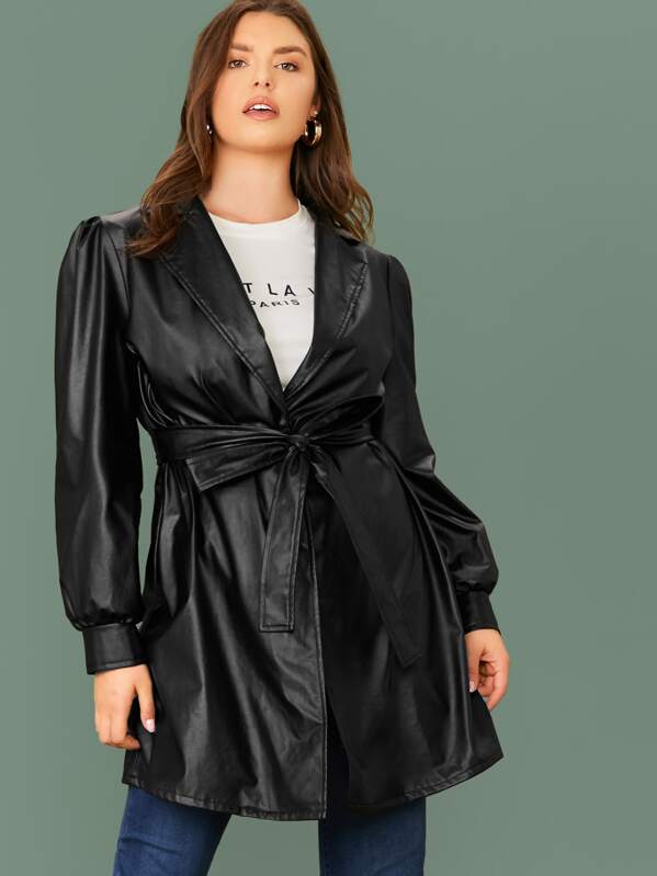 

Plus Notch Collar Lantern Sleeve Belted Faux Leather Coat, Black, Lauren Searle
