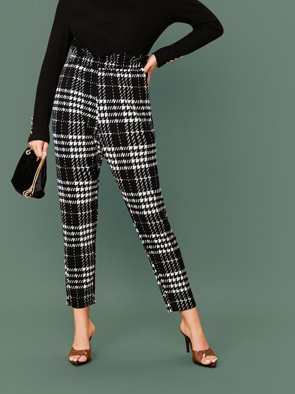 

Plus Paperbag Waist Plaid Pants, Black and white, Lauren Searle