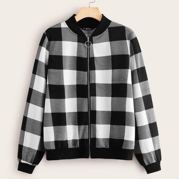 

O-ring Zip Up Buffalo Plaid Bomber Jacket, Black and white