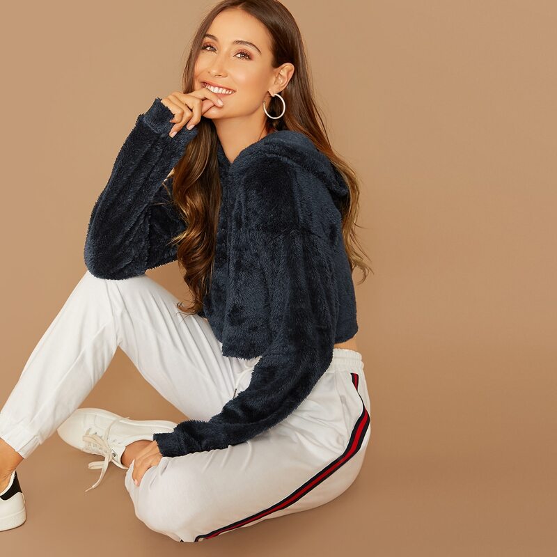 

Drop Shoulder Solid Teddy Hoodie, Navy