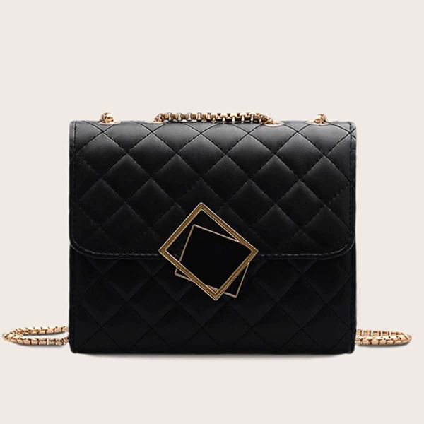 

Geometric Decor Quilted Chain Bag, Black