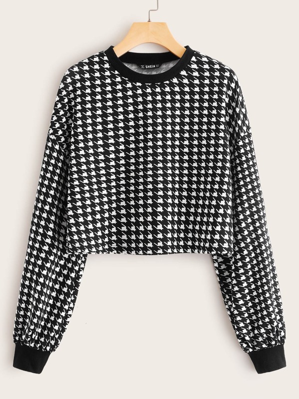 

Drop Shoulder Houndstooth Tee, Black and white