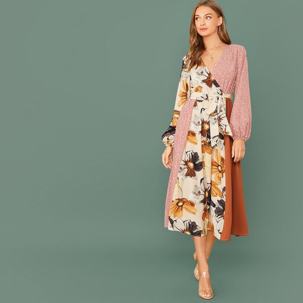 

Surplice Neck Lantern Sleeve Patchwork Belted Dress, Multicolor