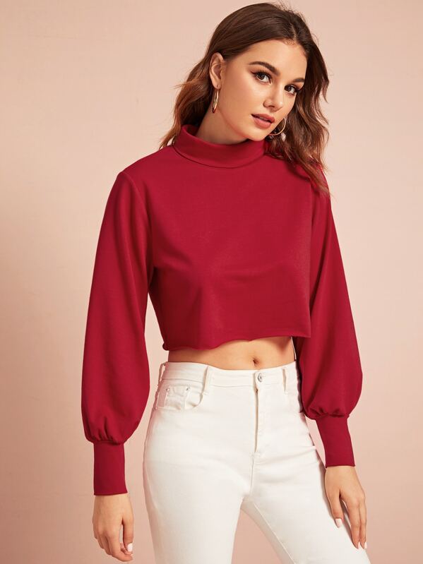 

Funnel Neck Lantern Sleeve Crop Pullover, Red, Vlada