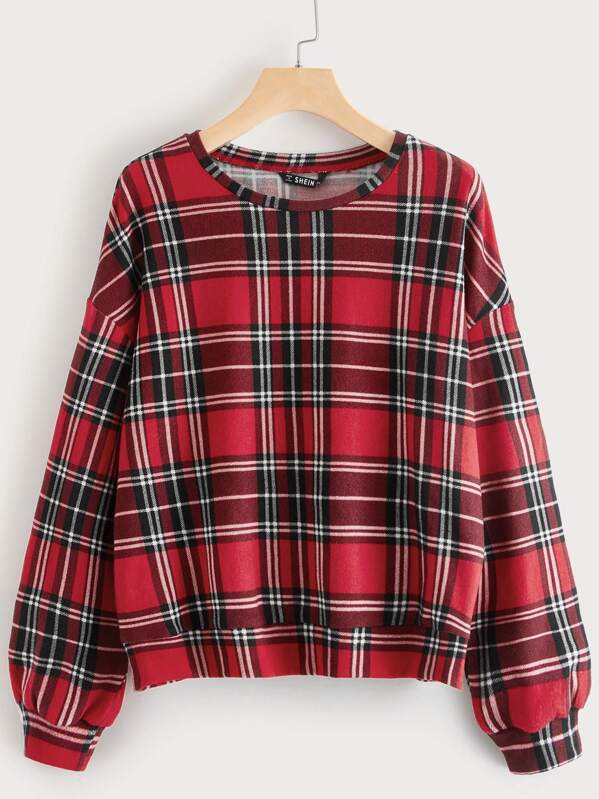 

Drop Shoulder Lantern Sleeve Plaid Pullover, Red