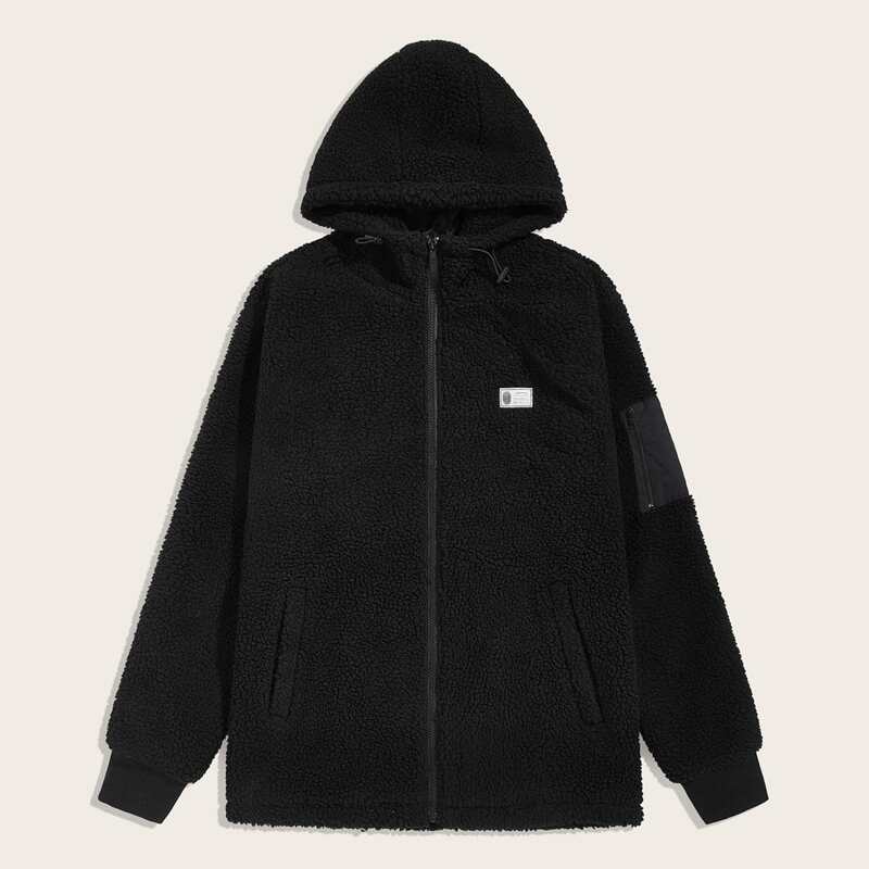 

Guys Zip Up Drawstring Hooded Sherpa Jacket, Black