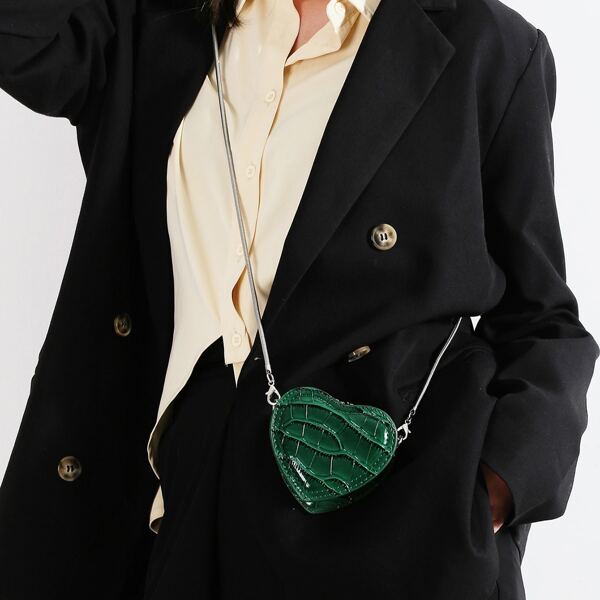 

Mini Heart Shaped Croc Chain Bag, Green