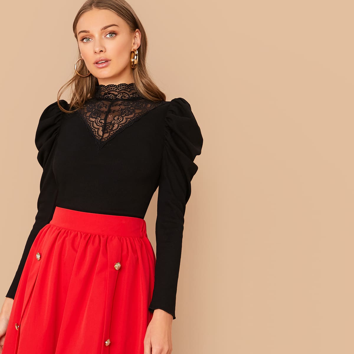 

Lace Insert Leg-of-mutton Sleeve Rib-knit Top, Black