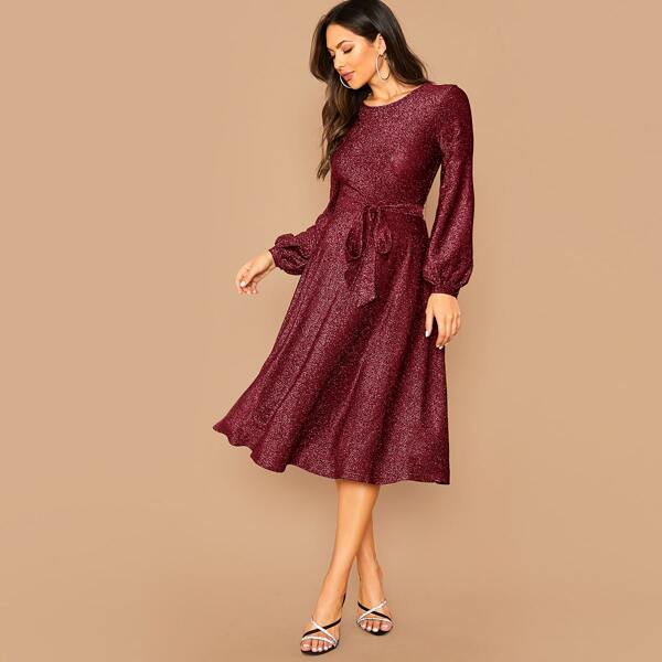 

Lantern Sleeve Self Belted Glitter Dress, Burgundy