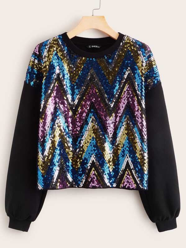 

Drop Shoulder Chevron Sequin Pullover, Multicolor