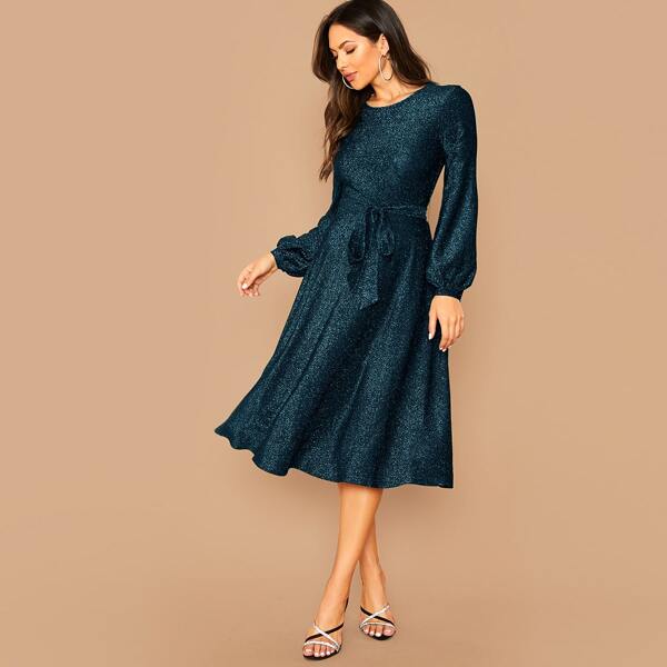 

Lantern Sleeve Self Belted Glitter Dress, Green
