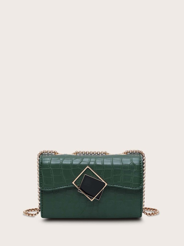 

Geometric Decor Croc Chain Bag, Green